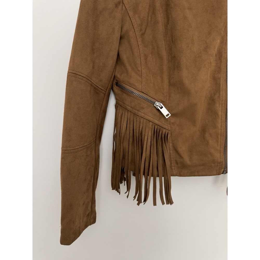 Faux Suede Jacket Women Small Western Fringe Boho Open Front Tan Coastal Cowgirl - Picture 7 of 11